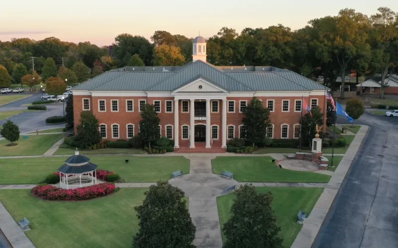 Wide and drone view of Olive Branch City Hall.